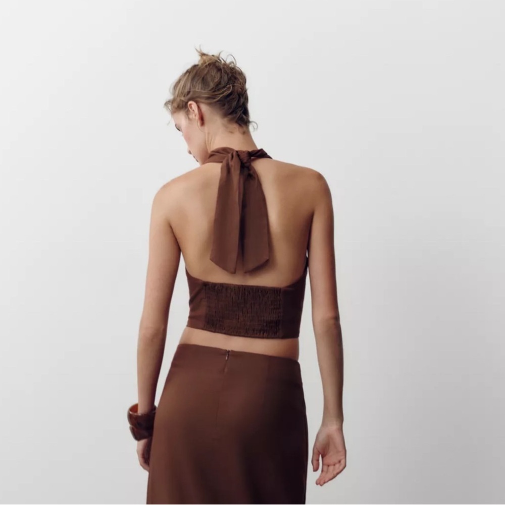 Zara Brown Halter Backless Crop Top